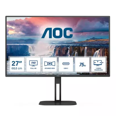 AOC Monitor LED 27V5CE Sleek home office idea 27" IPS USB-C 3.2 x 1 (DP alt mode, upstream, power delivery up to 65 W)